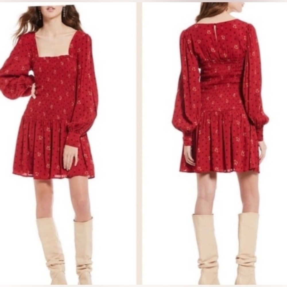Free People Two Faces Dress Small Red Smocked Mini Floral Long Sleeve Boho Flirt